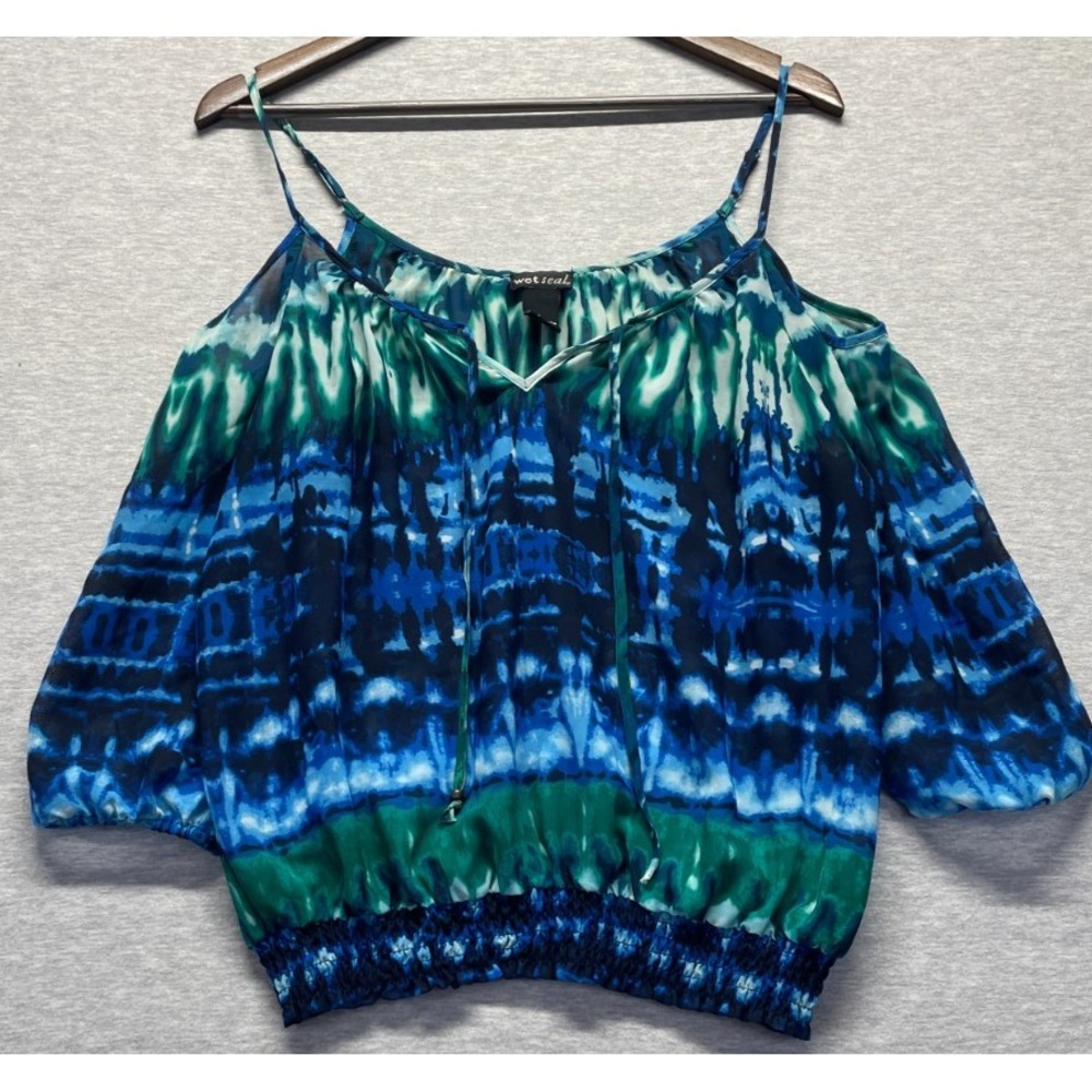 Wet Seal Cold Shoulder Blouse Top Womens L Blue Green Tie Dye V Neck Smocked Hem